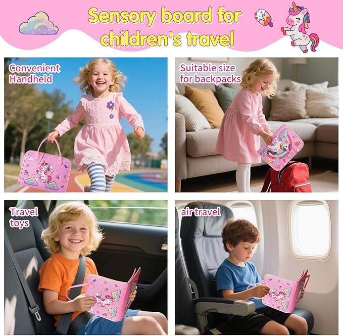 Montessori Toddler Busy Board Toys, Girls Unicorn Learning Sensory Toy, Toddler Travel Toy, Children's Educational Activity Busy Book, Birthday Gift (Pink)