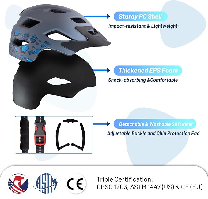 Kids Bike Helmet for Boys & Girls Ages 5-8-14,Lightweight Adjustable 50-57cm Bicycle Helmet with Visor & Reflective Strap，CPSC Certified for Cycling, Skating, Scooters