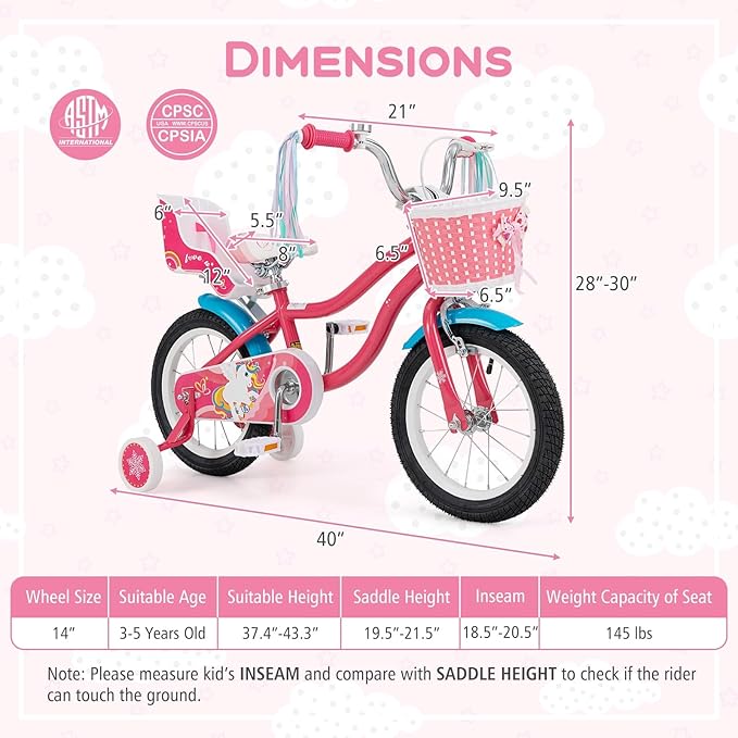 BABY JOY Kids Bike, 12 14 16 18 Inch Children Bicycle w/Detachable Training Wheels, Storage Basket, Adjustable Seat & Handlebar, Bow or Streamer, Girls Bike for 3-8 Years Old
