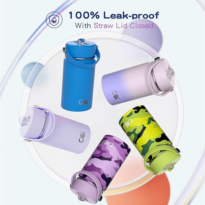 OISIZ Kids Water Bottle with Straw Lid 14oz, Vacuum Insulated 316 Stainless Steel Water Bottles for Kids for School, Leakproof Water Bottle, BPA Free and Keep Cold for 24 Hours