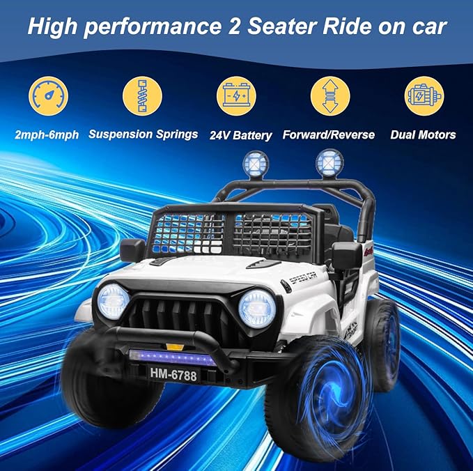 24V 2-Seater Electric Car for Kids, 24V Ride on Car with Remote Control, with 3 Speeds Adjustable, LED Headlight, Bluetooth, Music Player, Ride on Toys for Boys or Girls-White