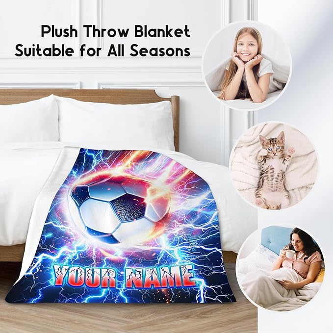 Soccer Blanket for Boys Personalized Kids Throw Gifts - Custom Name Soft Plush Blankets for Couch, Bedroom & Living Room (4 Sizes Choose)