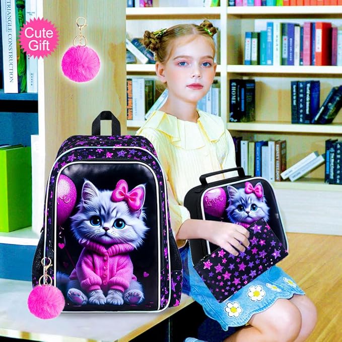 CCJPX 3Pcs Cat Backpack for Girls, 16” Kids Bookbag with Lunch Box, Water Resistant Elementary School Bag for Kindergarten Preschool Toddler (Black)
