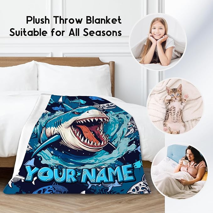 Personalized Shark Blanket - Throws Gifts for Boys - Custom Flannel Cozy Blankets for Living Room, Office - 4 Size