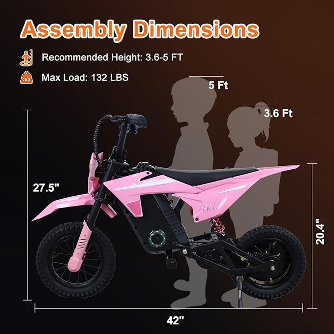 EK2 Kids Electric Dirt Bike, 350W Motor, 15 MPH Max Speed, 36V 5.2Ah Lithium Battery 12 Miles Max Range, Electric Motorcycle for Kids Aged 5-10, Pink
