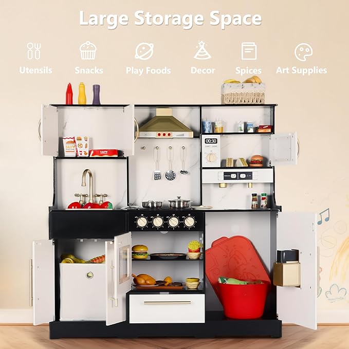 Kinder King Wooden Kids Play Kitchen, Toy Kitchen Playset for Toddler, Play Kitchen Set w/Real Sounds, Pretend Coffee Machine, Kitchen Hood, Sink, Ice Maker, Gift for Boys Girls Age 3+, Black