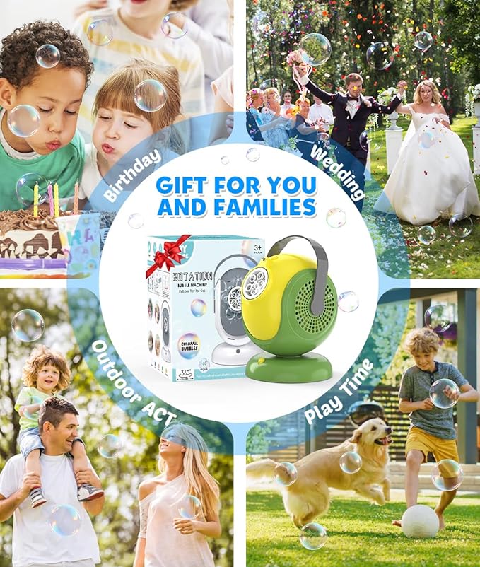 Bubble Machine, Automatic Bubbles Blower, 360° Rotation, 75° Adjustment, LED Light, with Handle - Bubble Toys for Kids, Toddlers - Gifts for Boys, Halloween, Outdoor, Birthday, Party Use