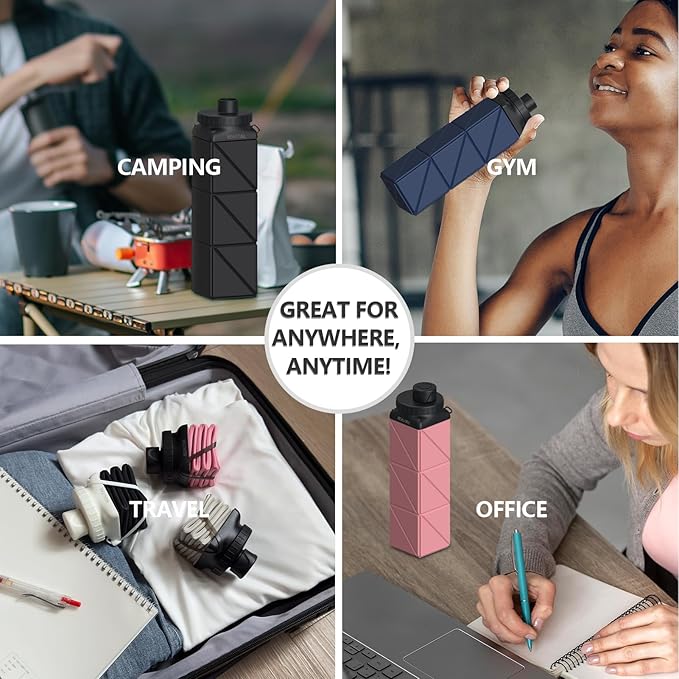 Collapsible Water Bottles, Silicone Foldable Water Bottle 610ml, Portable Lightweight Reusable Leakproof Bottle for Gym Travel Camping Hiking Sports Outdoor, 1 Pack (Dark Blue)