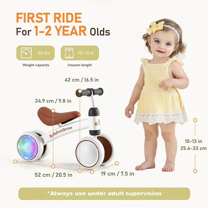 Colorful Lighting Baby Balance Bike Toys for 1 Year Old Girl Gifts, Balance Bike 1 Year Old No Pedal, 12-24 Months Toddler Ride on Toys with 4 Silent Wheels & Soft Seat, 1st Birthday Gifts, White