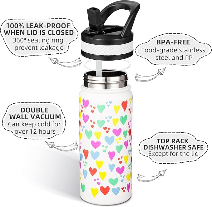 Fanhaw 18 Oz Kids Insulated Water Bottle with Straw - Stainless Steel Double Wall Vacuum Cup, Leakproof, BPA Free, Suitable for Boys and Girls(White - Rainbow Hearts)