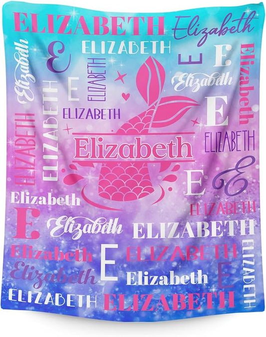 Mermaid Gifts, Personalized Girls Throw Blanket with Name for Kids 4-6, Custom Monogram Blankets for Daughter Niece Toddler, Mermaid Stuff Themed Throws for Cars Travel Camping Party Decor