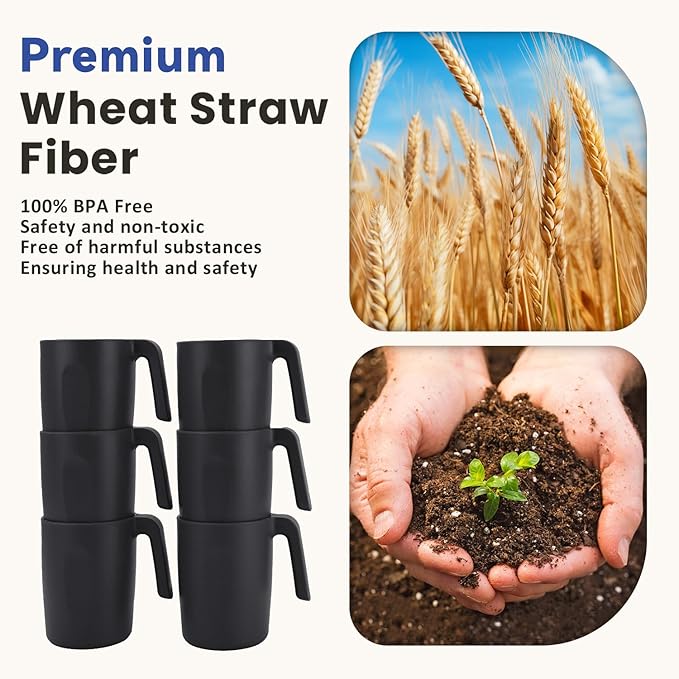 Homienly Wheat Straw Coffee Mugs 6 PCS, Alternative to Plastic Mugs with Handles, Unbreakable Coffee Mugs, Reusable Camping Mug Drinking Cups Set, Microwave and Dishwasher Safe Cups for Kitchen(Black)