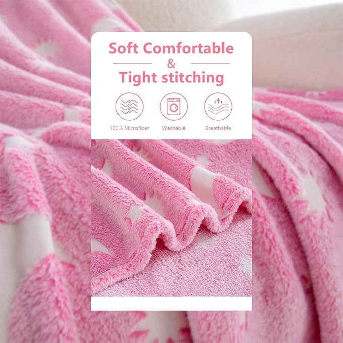 QSTEHEML Pink Moon Glow in The Dark Blanket,Star Gifts Toys for Kids Girls Birthday Christmas Bedroom Decor for Age 3-12 Years Old Toddler Teens Child Daughter Soft Luminous Blanket，50"×60"