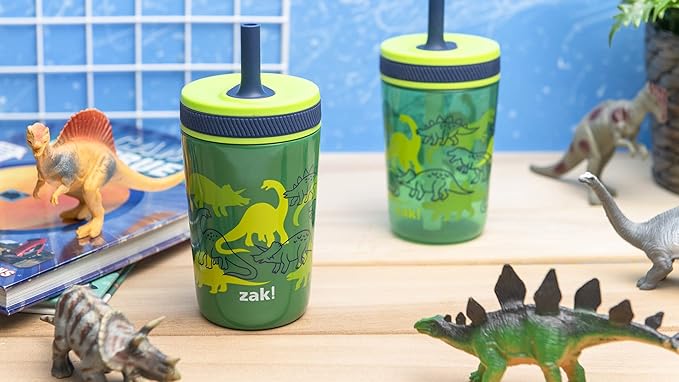 Zak Designs Dino Camo Kelso Tumbler 3pc Set, Leak-Proof Screw-On Lid with Straw, Bundle for Kids Includes Plastic and Stainless Steel Cups with Additional Sipper