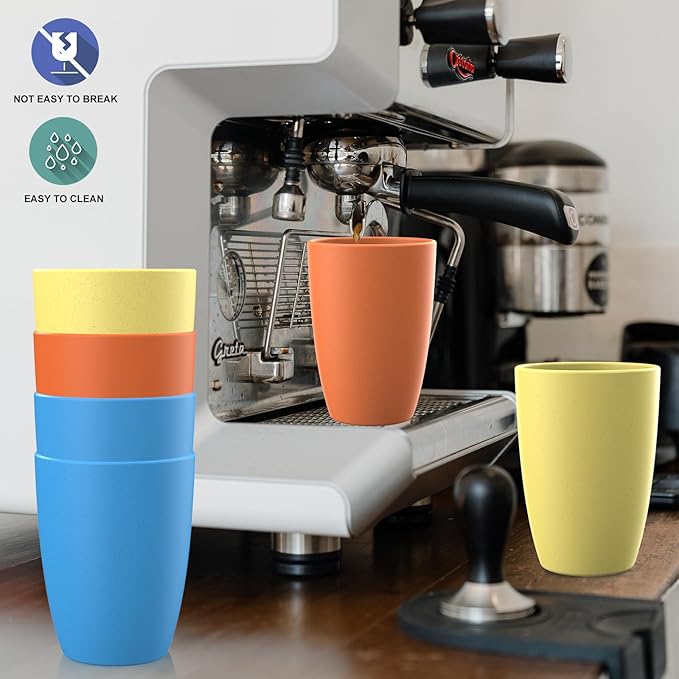 unbreakable wheat straw cups 20oz set of 6 with textured pattern anti slipping,big plastic drinkings cups microwave safe and dishwahser safe. Yellow-Orange-Blue
