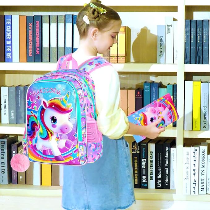 CCJPX 3PCS Kids Backpack for Girls, 16”Unicorn Preschool Bookbag Set, Cute Water Resistant School Bag for Elementary Kindergarten Toddler
