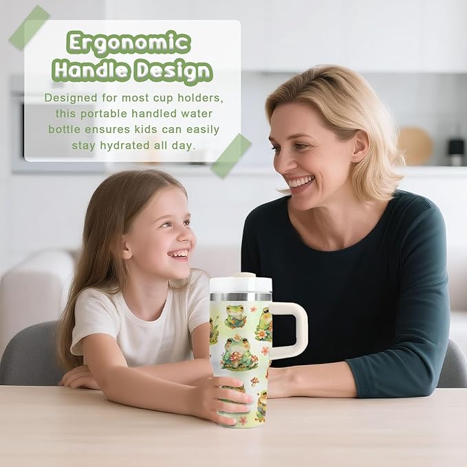 Frog Gifts for Kids - 14 Oz Cute Boys Girls Tumbler with Handle and Straw, Stainless Steel Insulated Tumbler, Sweatproof, for Sports, School, Travel - Frog Lovers Children Birthday Gifts Cups(1pc)
