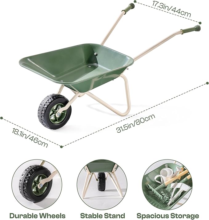 ROBOTIME Kids Wheelbarrow with Gardening Set – Metal Wheelbarrow Toddler Outdoor Play Toy with Garden Tools, Watering Can & Plant Labels, Pretend Play Yard Equipment for Boys and Girls (Green)