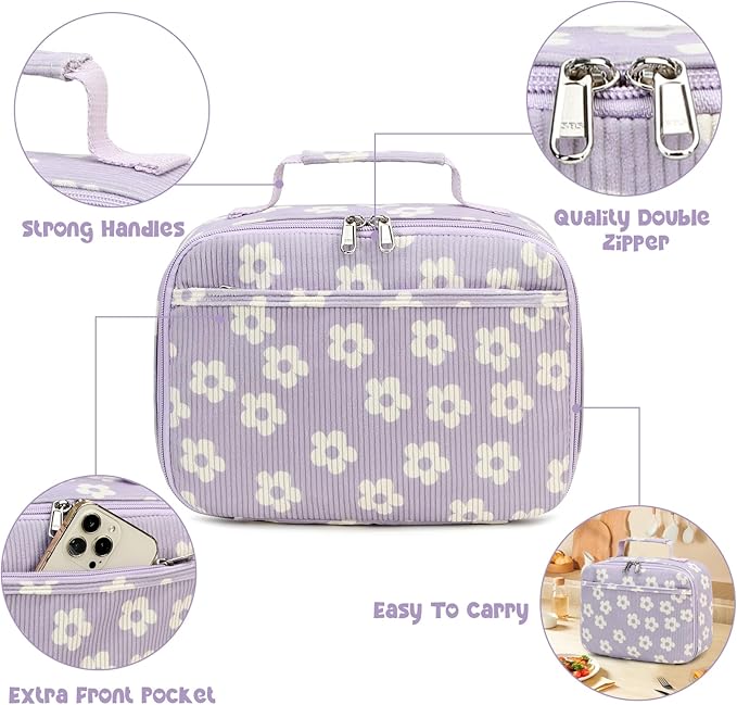 Bluboon Kids Girls Lunch Bag Insulated Lunch Box for school Corduroy Lunch Cooler Organizer School Kids Lunch Tote