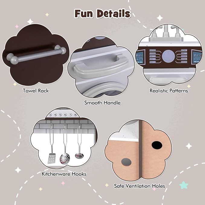 Costzon Kids Kitchen Playset,2-Piece Wooden Modular Pretend Toy Playset w/Sounds & Lights, Washing Machine, Range Hood, Ice Maker, Blackboard, Play Telephone, Play Kitchen for Kids Ages 3+ (Brown)