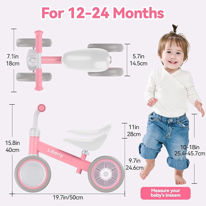 Liberry Light-Up Baby Balance Bike with Adjustable Seat, Toddler First Ride-On Toy for 1-2 Year Old, Girls Christmas & Birthday Gift