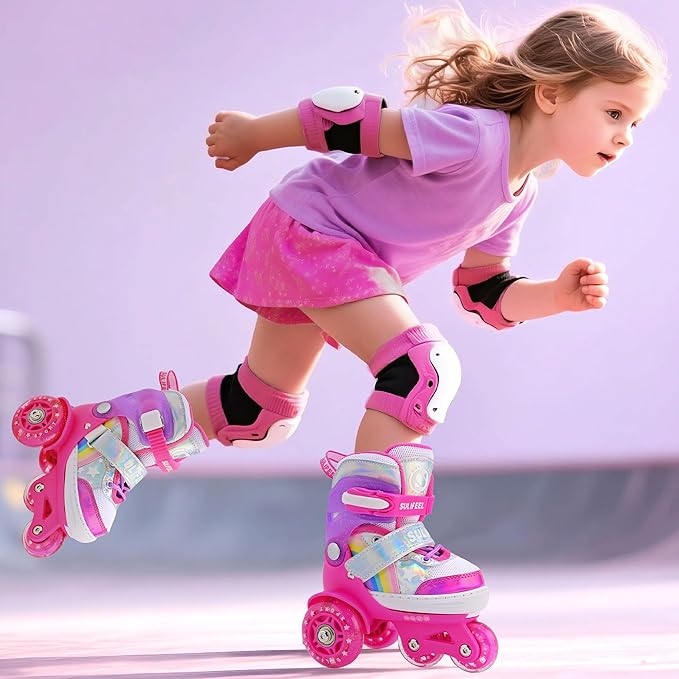 SULIFEEL Rainbow Unicorn 4 Size Adjustable Light up Roller Skates for Girls Boys for Kids