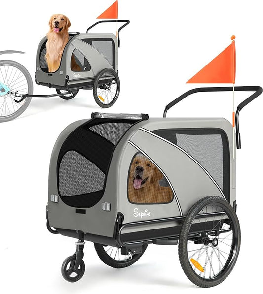 Sepnine Dog Bike Trailer, Supports up to 88 lbs, 2-in-1 Pet Stroller Cart Bicycle Carrier, Easy Folding Cart Frame with Quick Release Wheels, Universal Bicycle Coupler, Non-Slip Floor, Internal Leash