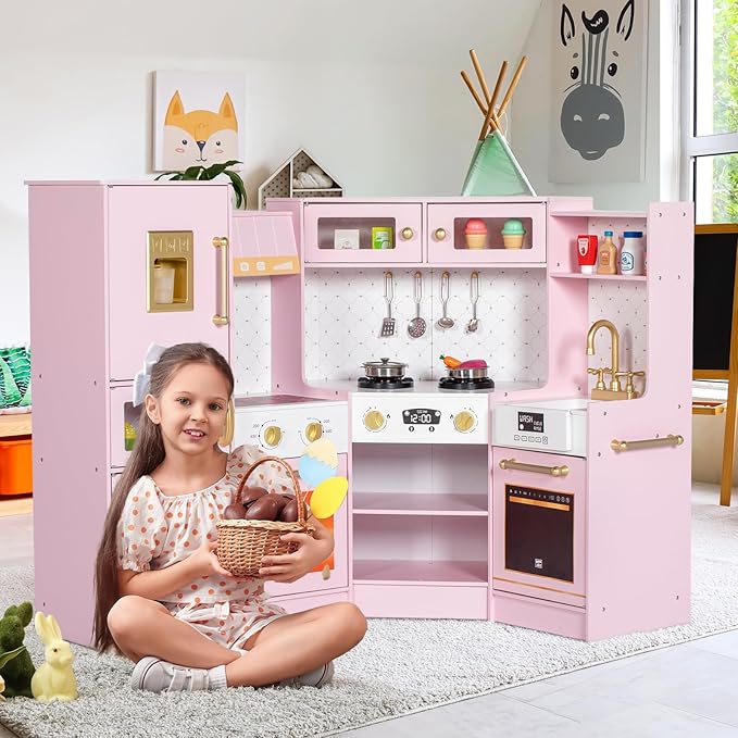 Corner Play Kitchen for Kids, Wooden Toddler Kitchen Playset with Ice Maker, Oven, Sink, Range Hood with Light, Ultimate Pretend Play Toy Kitchen Set Gift for Boys Girls Age 3+, Pink