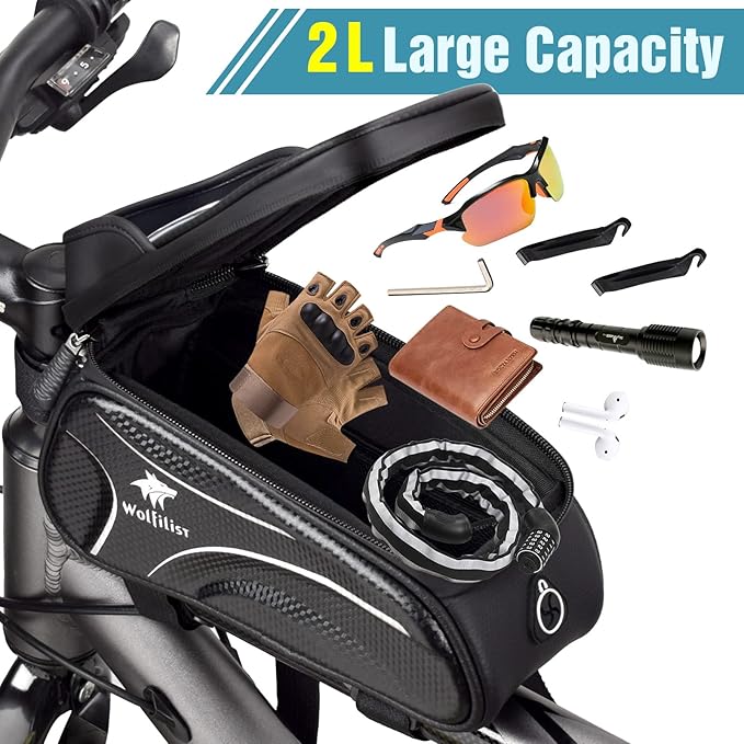 Bike Bag - Waterproof Bike Frame Bag with Sun-Visor Rain Cover, Bike Phone Holder with TPU Sensitive Touch Screen, Handlebar Bag Bicycle Accessories, Large Capacity Suitable Phone Under 7"