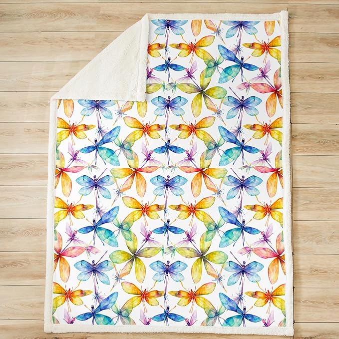 Feelyou Dragonfly Plush Throw Blanket - Colorful Dragonflies Botanical Floral Sherpa for Kids Girls Women - Beautiful Animal Fuzzy Sofa Bed Couch Decor - Ultra Soft 40x50 Inch Multi 024