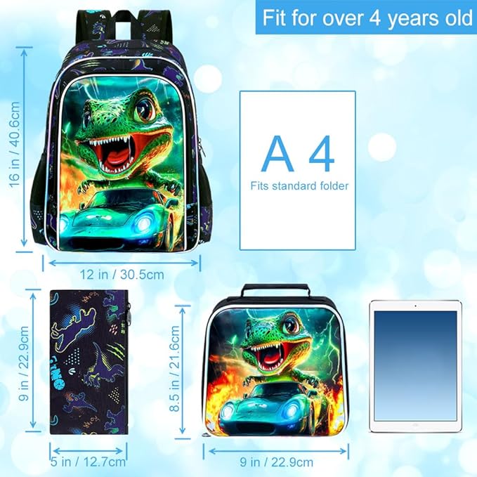 16" Dinosaur Backpack for Boy, 3Pcs Cars Bookbag with Lunch Box, Kids School Backpacks for Elementary Preschool Kindergarten (Black)