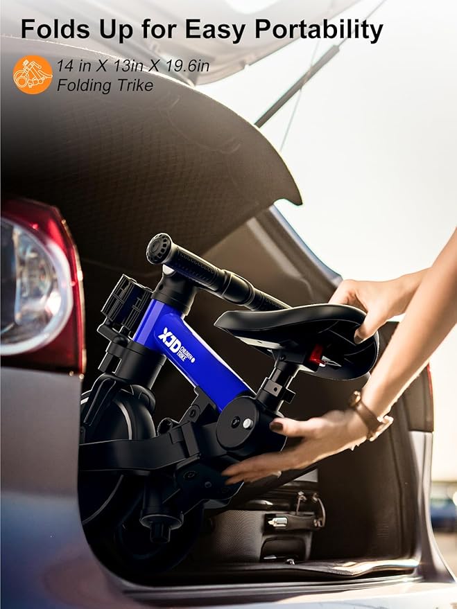 XJD Toddler Bike, 6 in 1 Folding Toddler Tricycle for 1-4 Year Old with Parental Control Handle, Balance Bike with Removable Pedal, Backrest, Adjustable Seat and Handle, First Birthday Gifts (Blue)