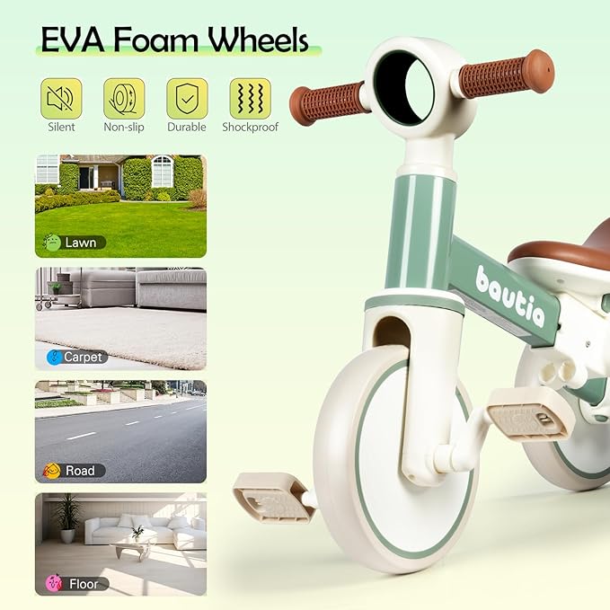 Kids Tricycle for Toddlers 1-3 with Push Handle, 5 in 1 Baby Balance Bike Toy for 1-4 Years Old Boys Girls Gift with Removable Pedals, Mint (No Parent Steering Version)