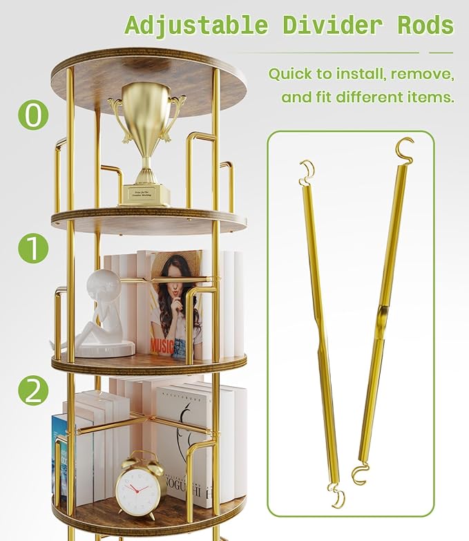 6 Tier Rotating Bookshelf Tower Round,74” Tall Spinning Bookshelf Tower Anti-Tipping Design,Metal & Wood Standing Revolving Bookcase Stackable Space Saving for Small Spaces,Study,Living Room,Bedroom