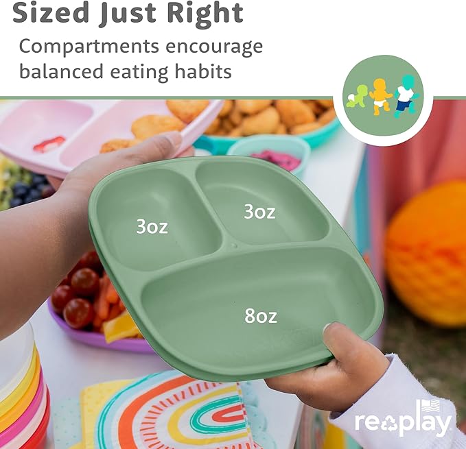 Re-Play Toddler Plates with Dividers & Silicone Lid - Deep-Walled 3 Compartments Divided Plates for Kids - Dishwasher/Microwave Safe - Made in USA - Set of 4-7.37" x 7.37" x 1.25" - Cool Naturals