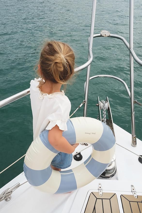 Petites-Pommes Pool Tube for Kids & Toddlers - Durable Inner Tube, Handprinted Classic Striped Design Pool Float Ring, Soft Comfort Seaming, Packable Floats for Travel, Light Blue, 24 inch