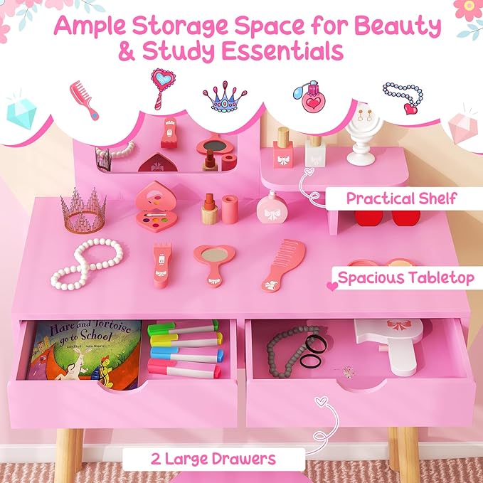 Costzon Kids Vanity Set, Girls Vanity Set with Mirror and Stool, 2 Large Drawers, Storage Shelf, Wooden Princess Makeup Dressing Table, Vanity Table and Chair Set for Toddlers (Pink)