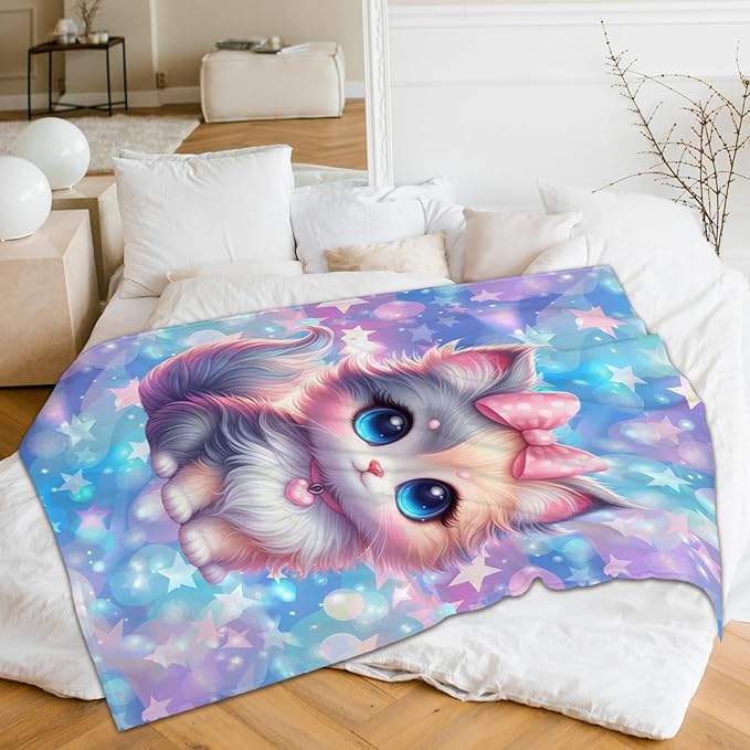Kids Blanket for Girls Cat Blankets for Kids Teen Gift for Birthday, Cozy Soft 60 x 50 Inches Flannel Throws Cat Supplies for Bed Travel Sofa Living Room Decor