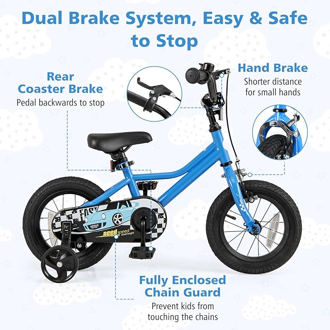 BABY JOY Kids Bike, 12 14 16 18 Inches Car Pattern Sporty Bicycle w/Removable Training Wheels, Hand & Coaster Brakes, Adjustable Seat & Handlebar, Girls Boys Bike