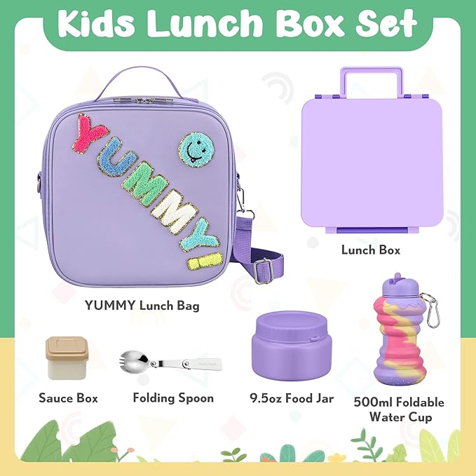 Bento Lunch Box with 10oz Soup Thermo for Kids Insulated Lunch Bag & Foldable Silicone Cup Food Leak Proof Food Container with 5 Compartment for Kid to Shool Travel