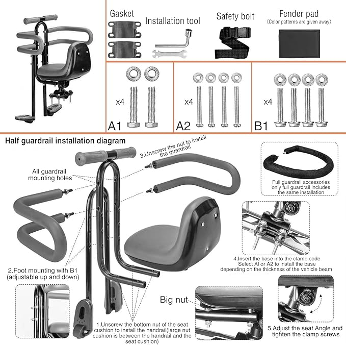 Child Bike Seat - Front Mount, Kids Bike Seat for Adult Bike,Retractable Baby Bike Seat Front Mounted, Toddler Bike Seat for Children 8 Months~4+ Years Old, Brown/Black