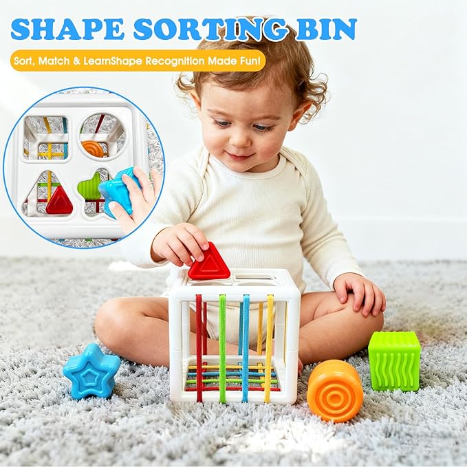 6 in 1 montessori baby toys for 6-36 months old-incl Busy Cube,stacking cups,Shape Sorting Bin,baby blocks,crinkle books, suction cups spinners,Sorting Learning Sensory Toys Gift for Babies Aged 1-3