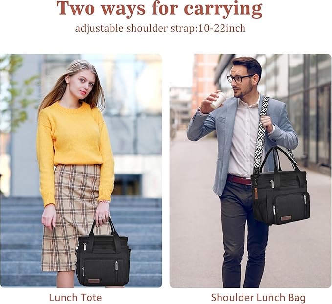 LOKASS Lunch Bag& Lunch Box for Men Women Double Deck,Large Insulated Adult Lunch Box Leakproof Lunchbox Cooler Bag for Work Picnic Beach,（Black,16L）