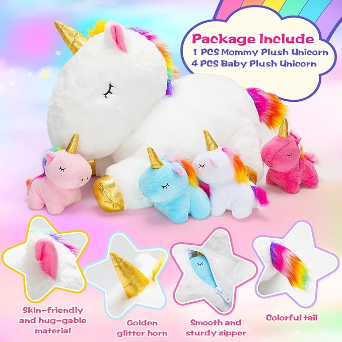 KMUYSL Toys for Girls Ages 0 1 2 3 4 5 6 7 8+ Years - Unicorn Mommy Stuffed Animal with 4 Baby Unicorns in Her Tummy, Soft Unicorn Plush Toys Set, Christmas Birthday Gifts for Baby, Toddler, Kids