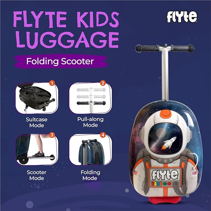 Flyte Sammie the Spaceman Scooter Suitcase - Rideable, Carry on Compliant 2-in-1 Children's Suitcases, 18 inch Ride on Suitcase for Kids, 25 Litre Capacity Kids' Luggage on Wheels for Children Aged 4+
