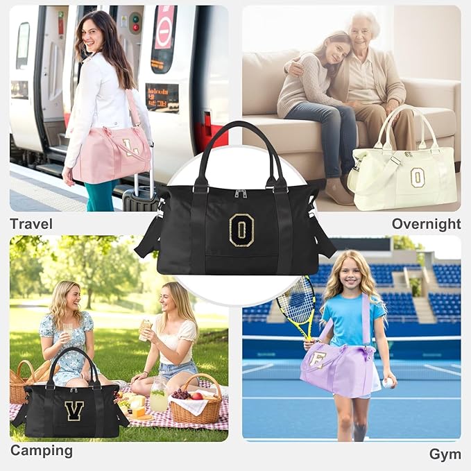 Dance Gym Duffel Bag for Teen Girls, Personalized Initial Travel Weekender Bag,Cute Overnight Carry On Duffle for Women,Sports Travel Cheer Bag,Monogram Christmas Gifts for Tween Preppy(black-O)
