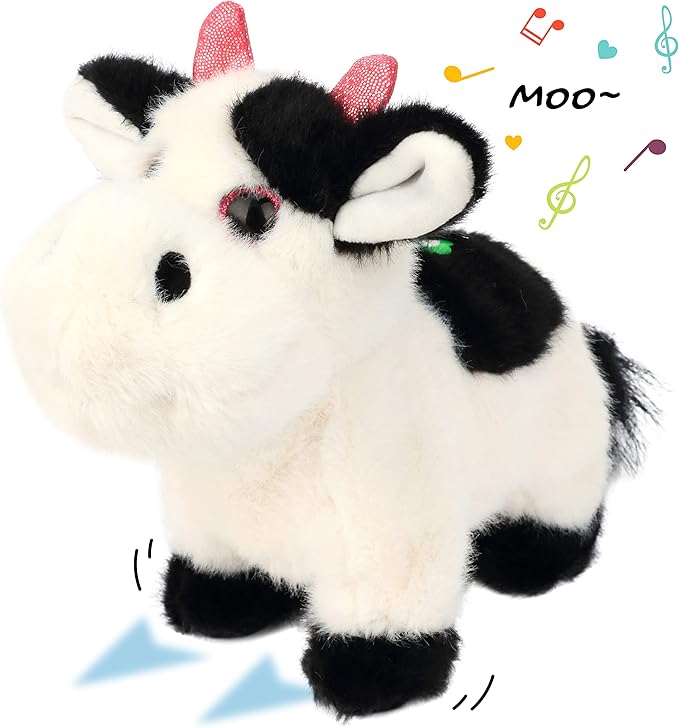 Cuteoy Walking Black Cow Stuffed Animal Speaking Moo Plush Cattle Electric Interactive Animated Plushies Toy for Girls Boys Birthday