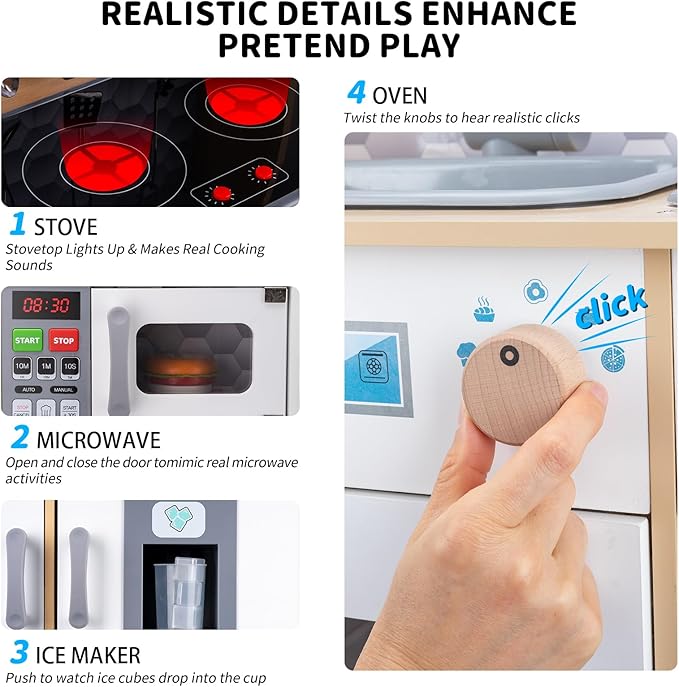 Wooden Play Kitchen for Kids – Pretend Play Kitchen Set with Cooking Accessories, Real Lights & Sounds | Chef Pretend Kitchen Playset for Toddlers, Wooden Kitchen Set with 6 Pcs Toy Food