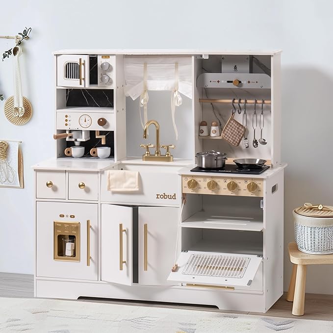 ROBUD Wooden Play Kitchen Set for Kids and Toddlers with Coffee Machine, Ice Maker, Microwave, Oven, Large Cabinet, 12 Accessories, Gift for 3+, White