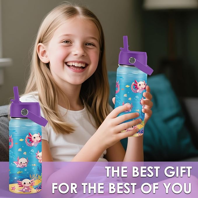 Axolotl Gifts for Girls 16 oz Kids Water Bottle with Straw Lid, Stainless Steel Insulated Tumbler, Leak Proof, BPA-Free,Adorable Ocean Animal Mug Cup for Sports,Travel Children Birthday Gifts (1pc)